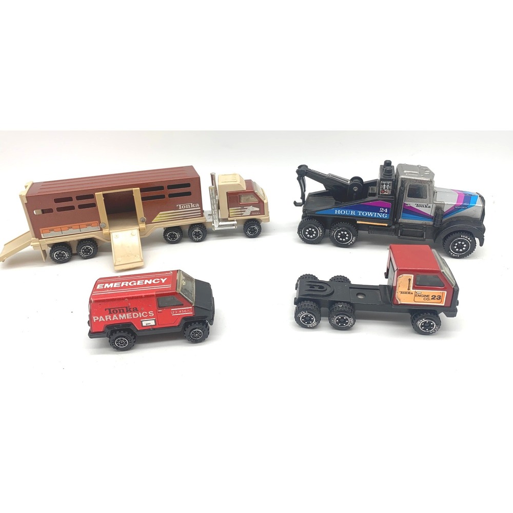 Tonka Diecast Vehicle Lot 4pc Red Black Tan Vintage 1980s Emergency Tow Horse